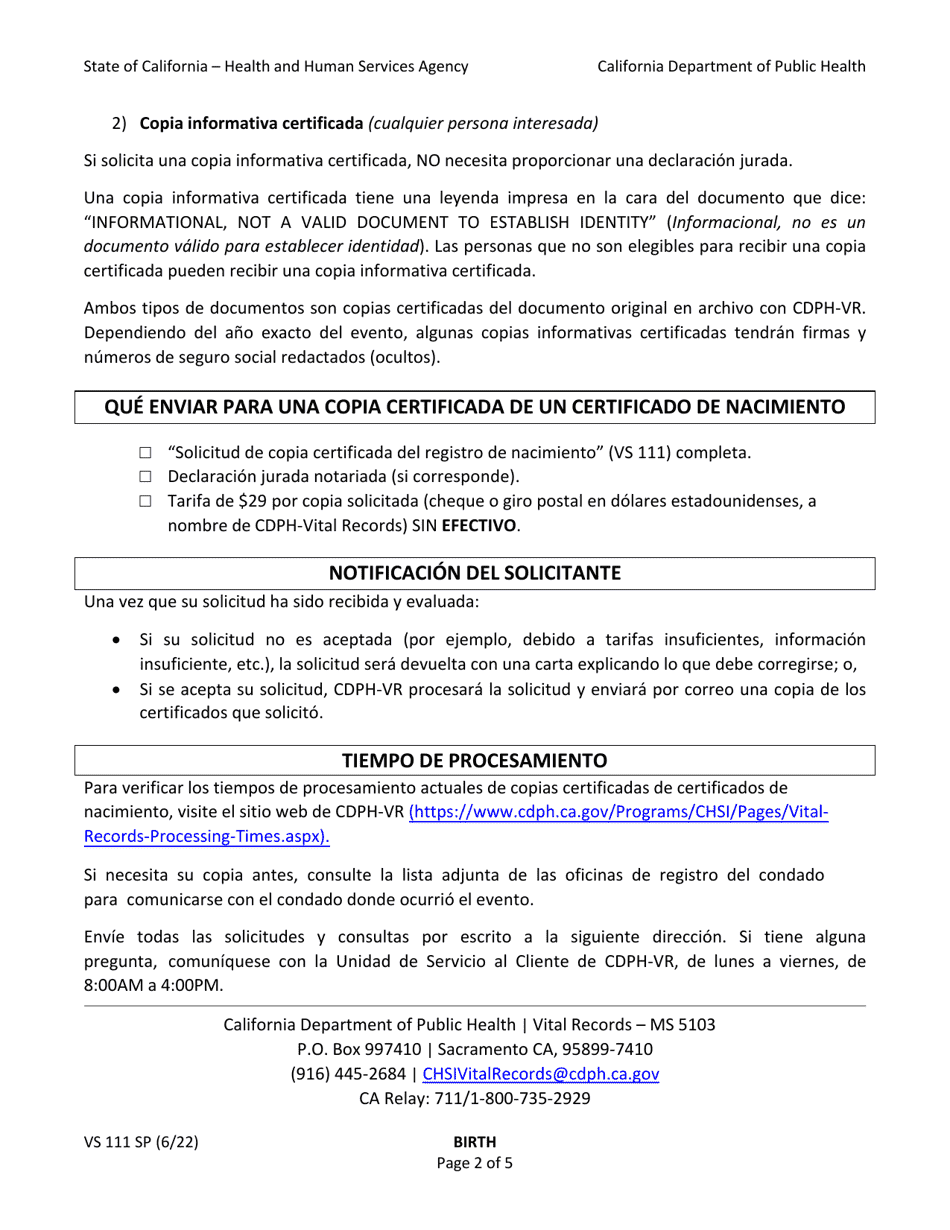 Form VS111 Application for Certified Copy of Birth Record - California (English / Spanish), Page 2