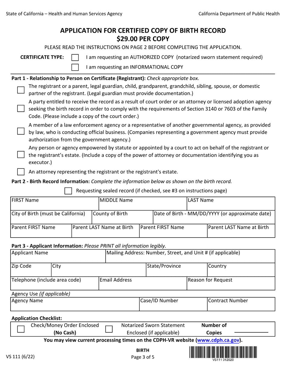 Form VS111 Application for Certified Copy of Birth Record - California (English / Spanish), Page 3