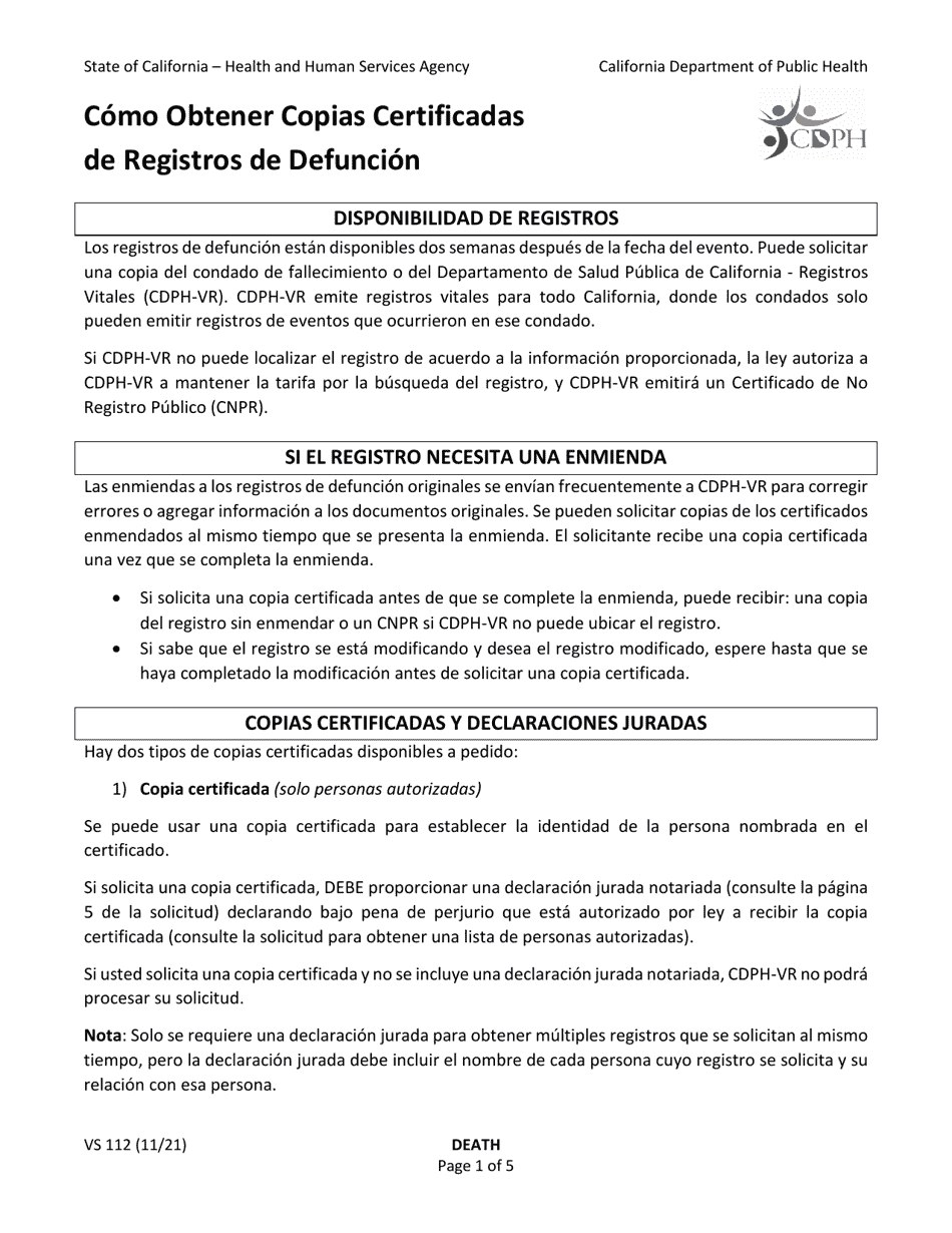 Form VS112 Application for Certified Copy of Death Record - California (English / Spanish), Page 1