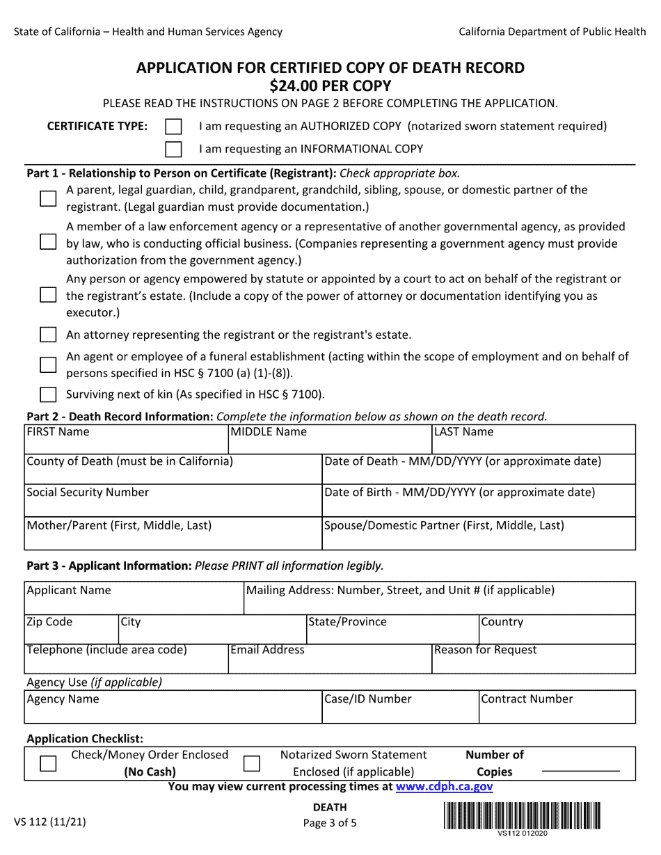 Form VS112 Application for Certified Copy of Death Record - California (English / Spanish), Page 3