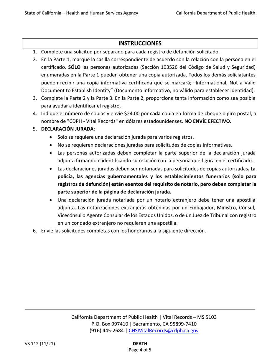 Form VS112 Application for Certified Copy of Death Record - California (English / Spanish), Page 4