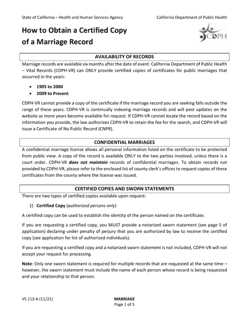 Form VS113-A Application for Certified Copy of Marriage Record - California
