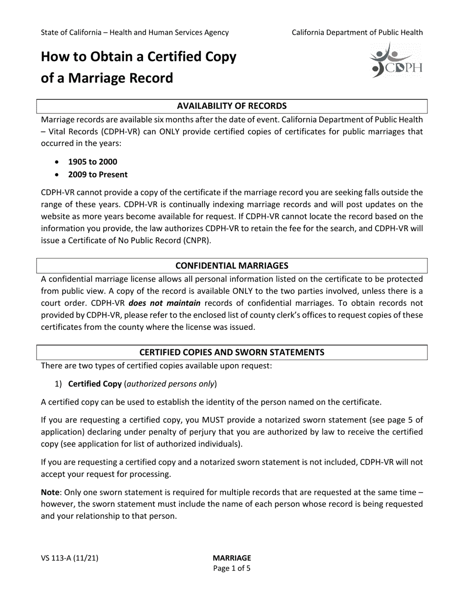 Form VS113-A Application for Certified Copy of Marriage Record - California, Page 1