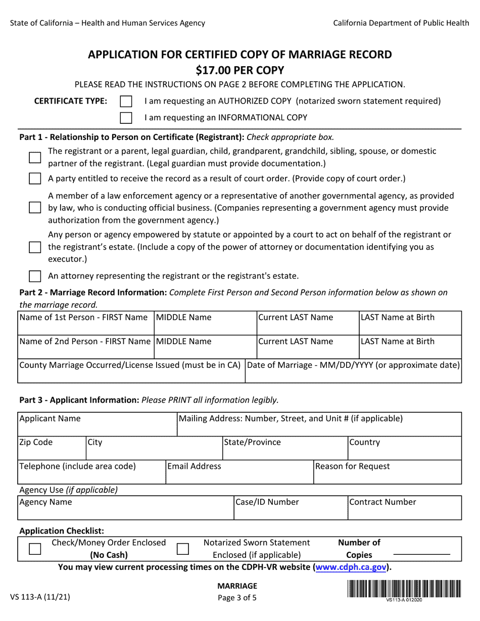 Form VS113-A Application for Certified Copy of Marriage Record - California, Page 3