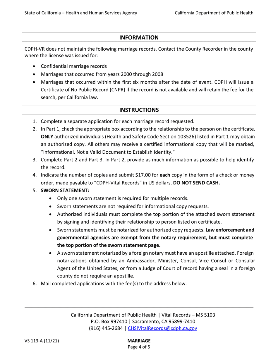 Form VS113-A Application for Certified Copy of Marriage Record - California, Page 4