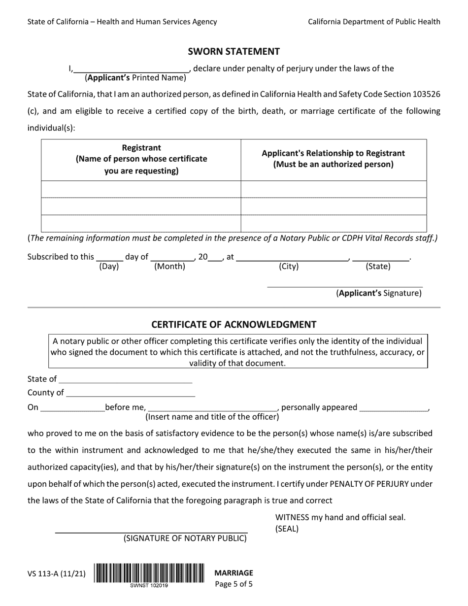 Form VS113-A Application for Certified Copy of Marriage Record - California, Page 5