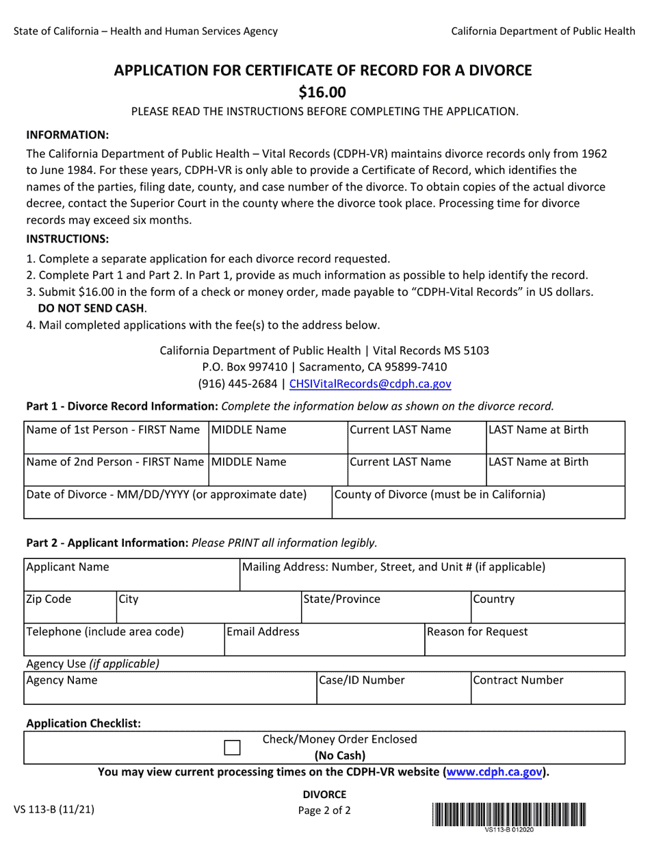 Form VS113-B Application for Certificate of Record for a Divorce - California, Page 2