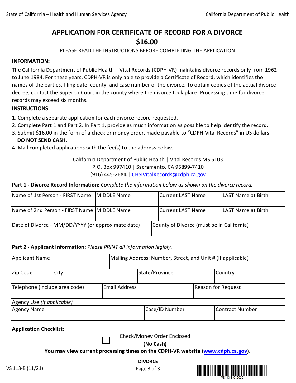 Form VS113-B Application for Certificate of Record for a Divorce - California (English / Spanish), Page 3