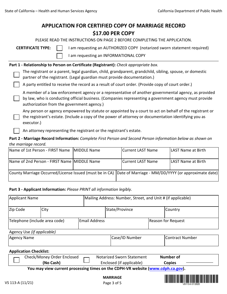 Form VS113-A Application for Certified Copy of Marriage Record - California (English / Spanish), Page 3