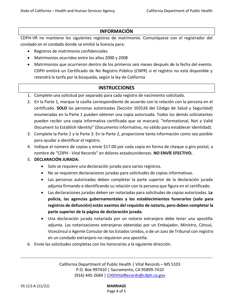 Form VS113-A Application for Certified Copy of Marriage Record - California (English / Spanish), Page 4