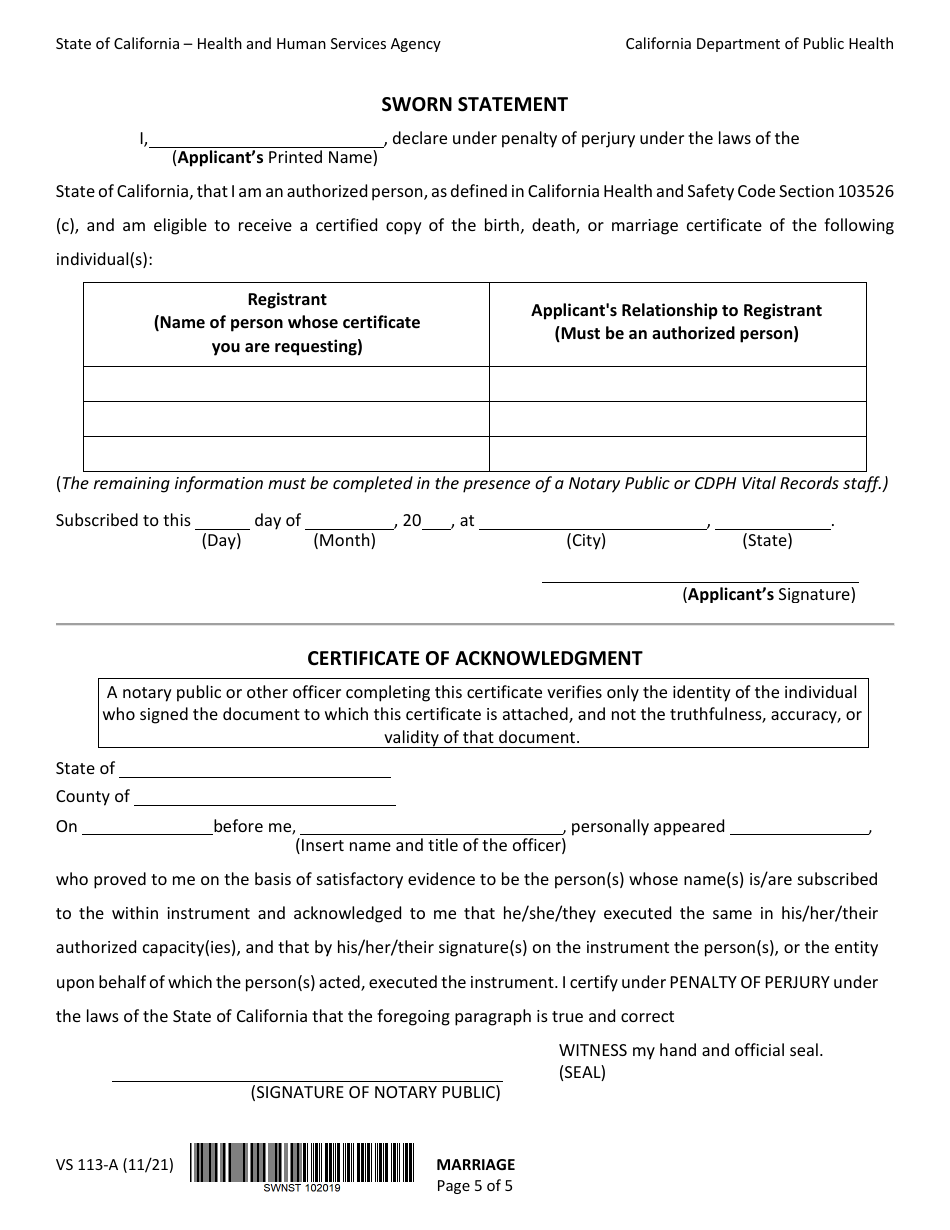 Form VS113-A Application for Certified Copy of Marriage Record - California (English / Spanish), Page 5