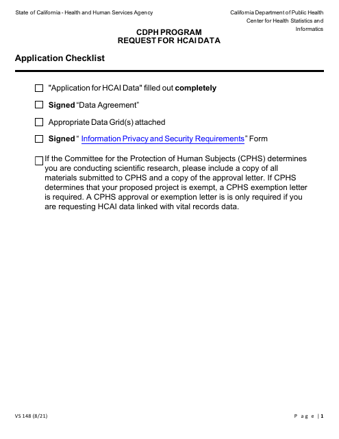 Form VS148 Cdph Program Request for Hcai Data - California