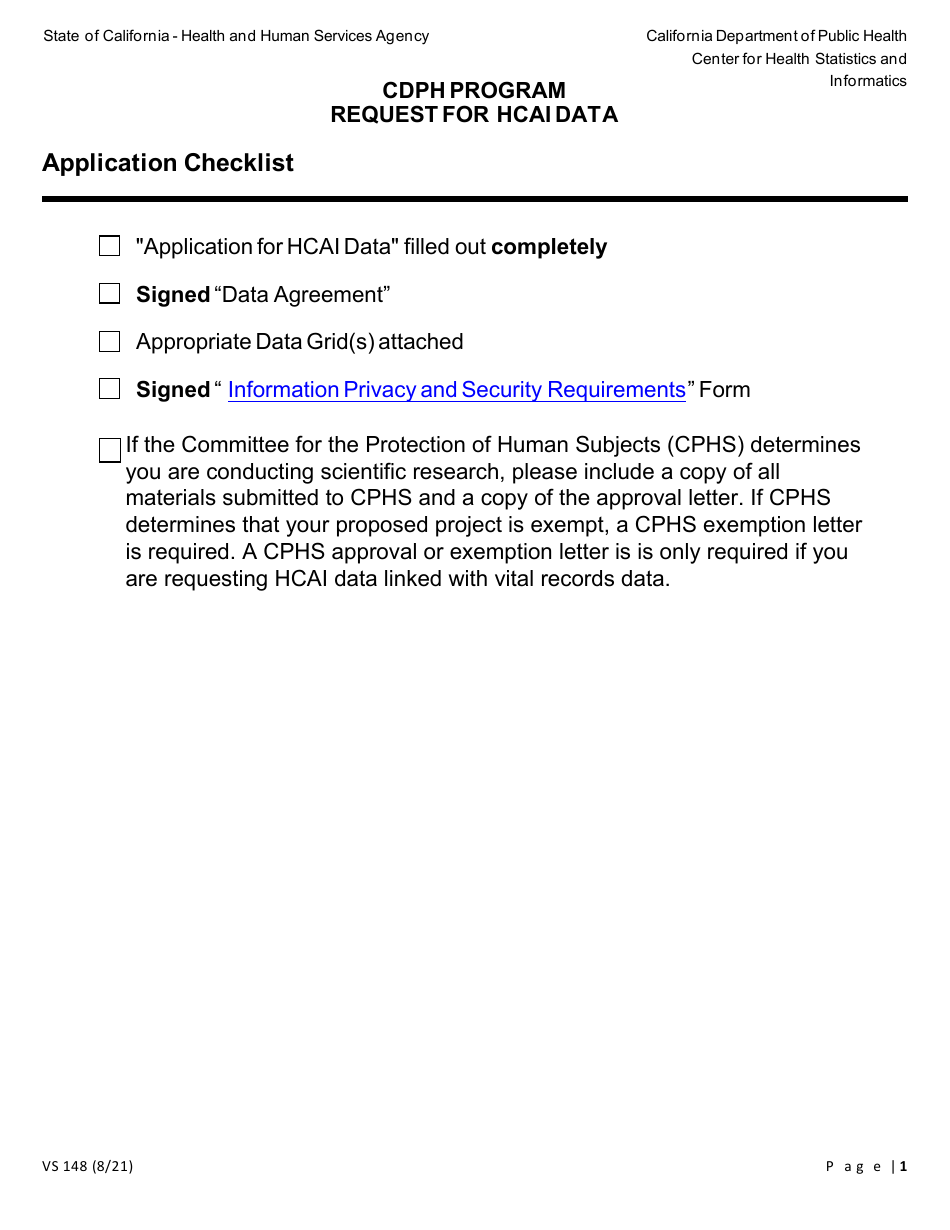 Form VS148 Cdph Program Request for Hcai Data - California, Page 1