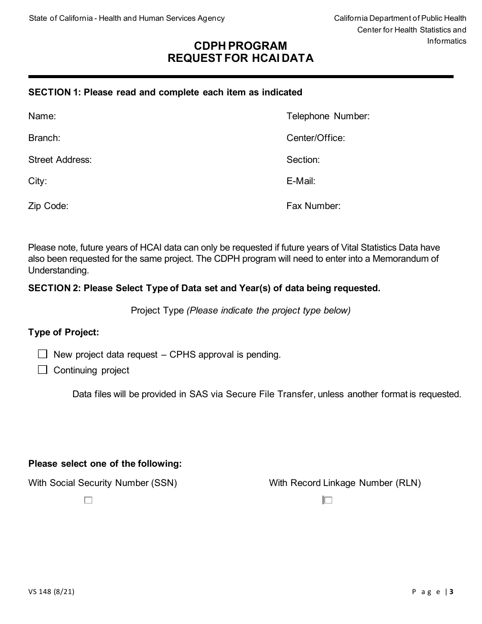 Form VS148 Cdph Program Request for Hcai Data - California, Page 3