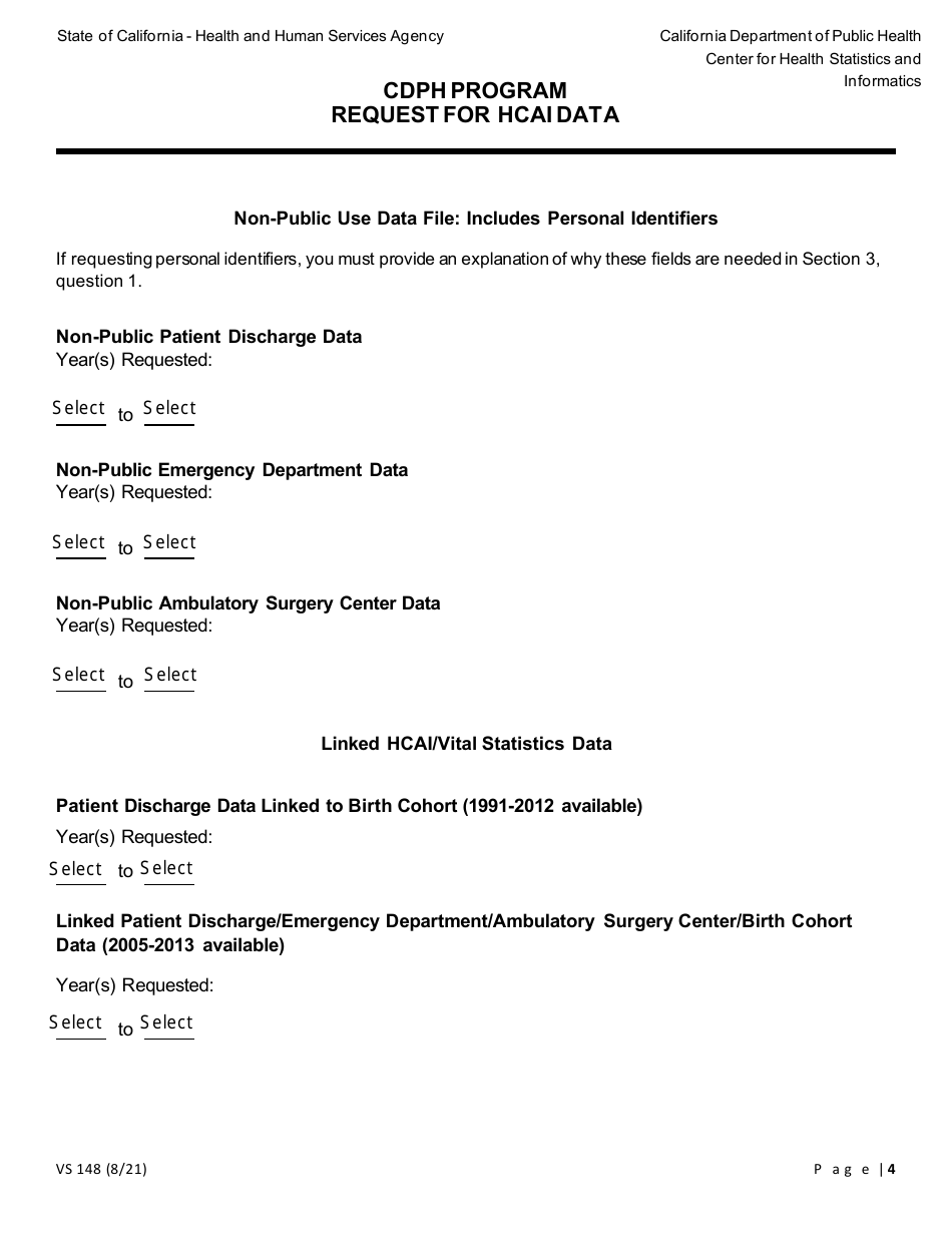 Form VS148 Cdph Program Request for Hcai Data - California, Page 4