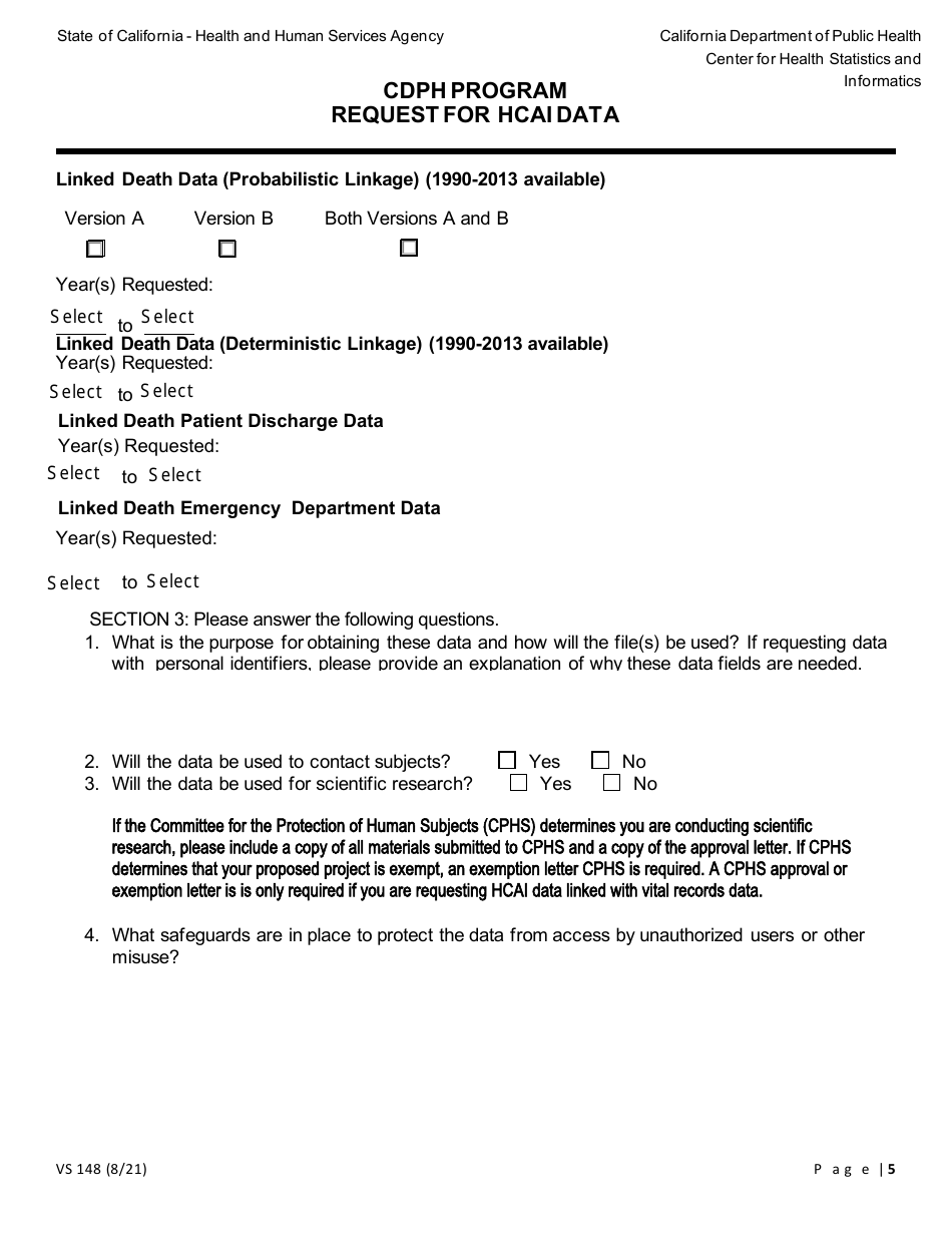 Form VS148 Cdph Program Request for Hcai Data - California, Page 5
