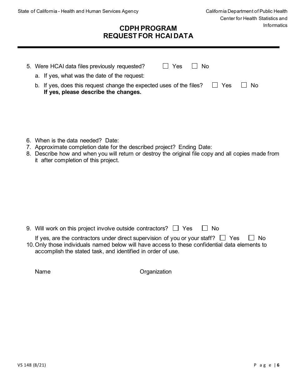 Form VS148 Cdph Program Request for Hcai Data - California, Page 6