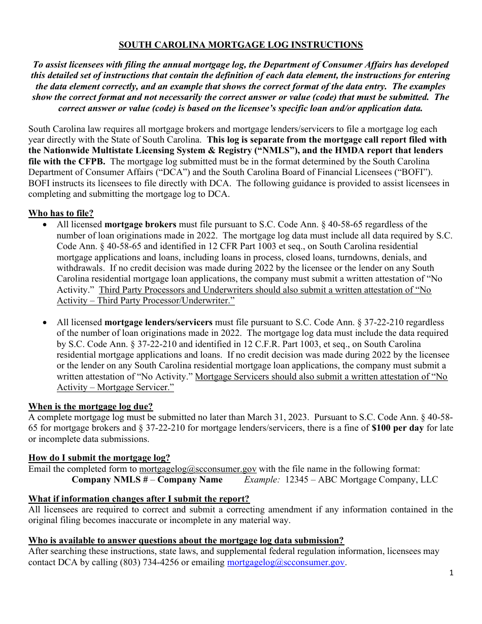 Instructions for Mortgage Log - South Carolina, Page 1