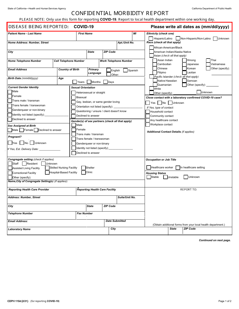 Form CDPH110D Confidential Morbidity Report - California, Page 1