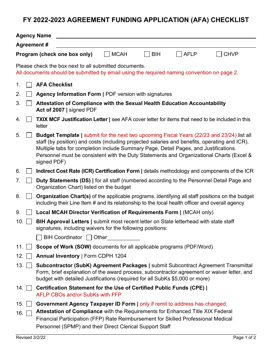 2023 California Agreement Funding Application (Afa) Checklist - Fill ...