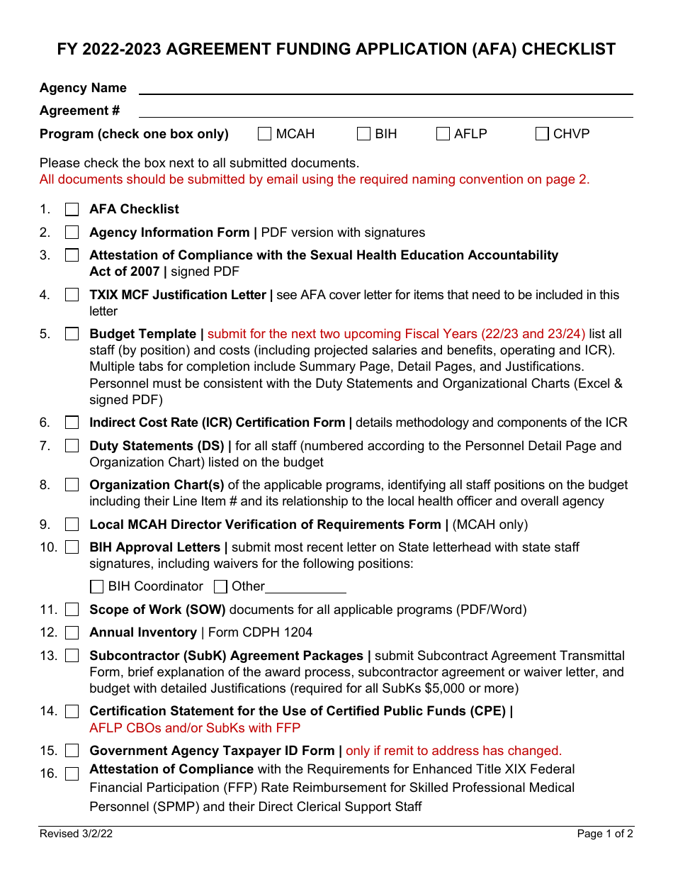 Agreement Funding Application (Afa) Checklist - California, Page 1