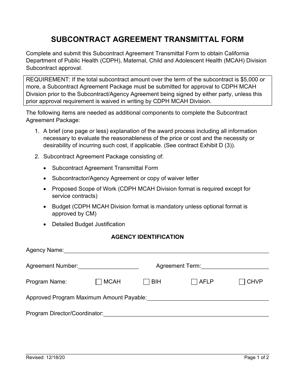 Subcontract Agreement Transmittal Form - California, Page 1