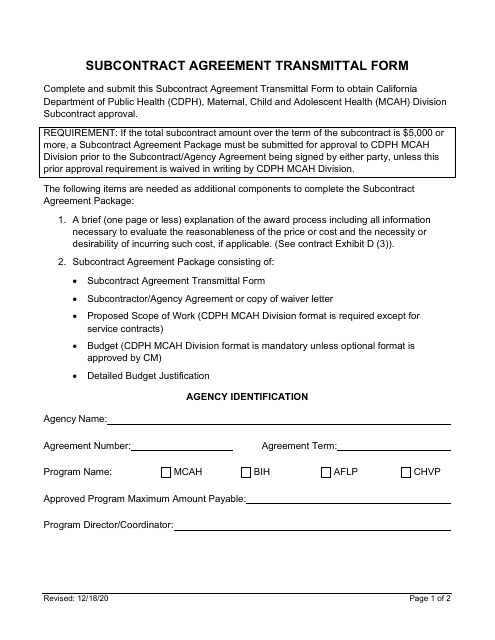 Subcontract Agreement Transmittal Form - California Download Pdf