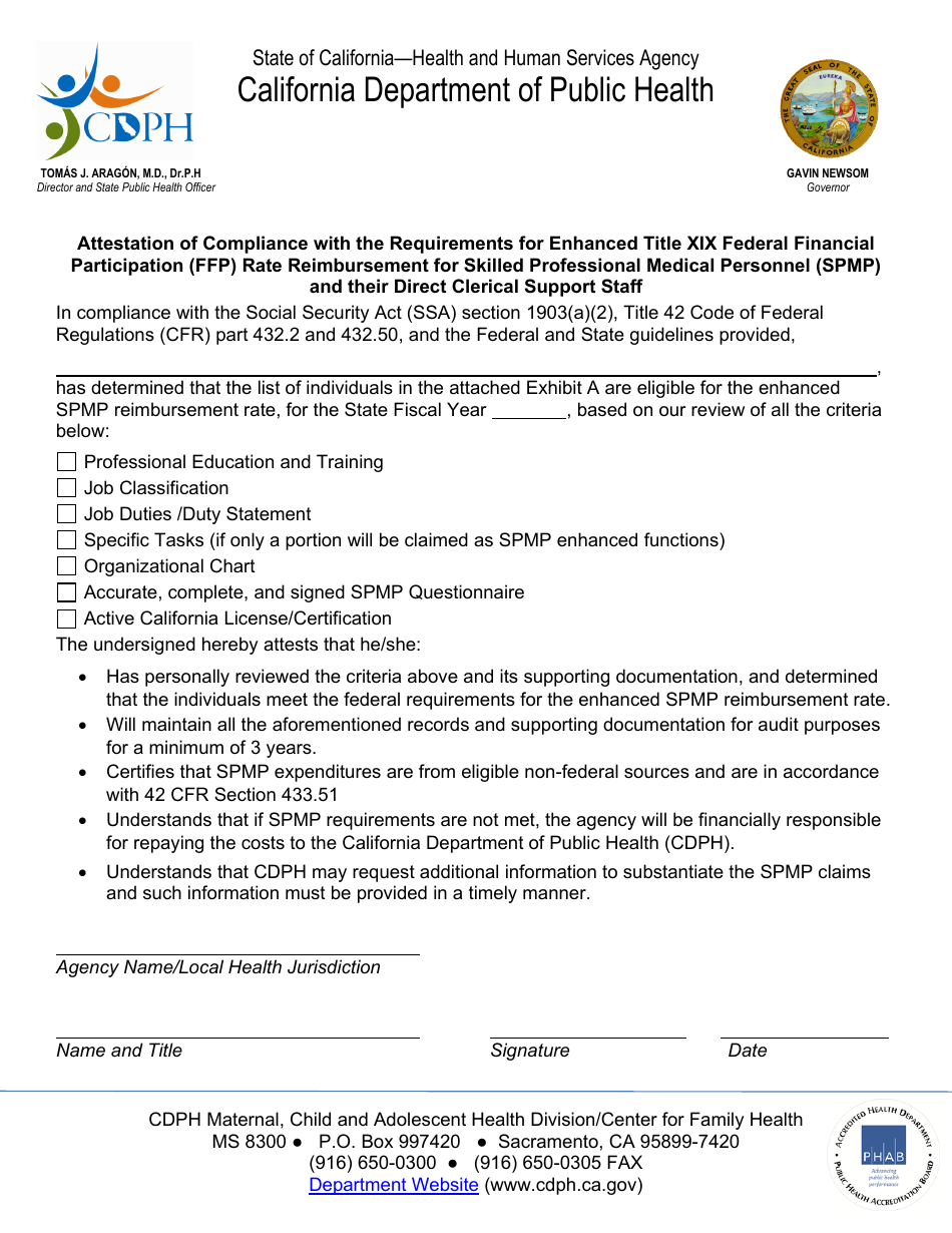 Attestation of Compliance With the Requirements for Enhanced Title Xix Federal Financial Participation (Ffp) Rate Reimbursement for Skilled Professional Medical Personnel (Spmp) and Their Direct Clerical Support Staff - California, Page 1