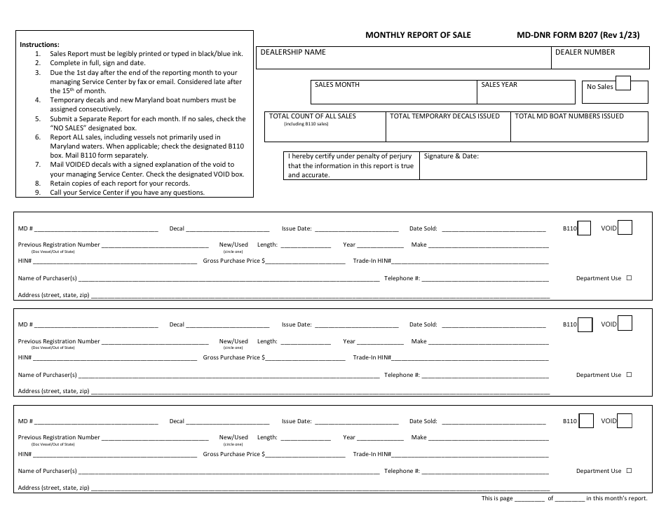 DNR Form B207 Report of Vessel Numbers / Decals Issued - Maryland, Page 1