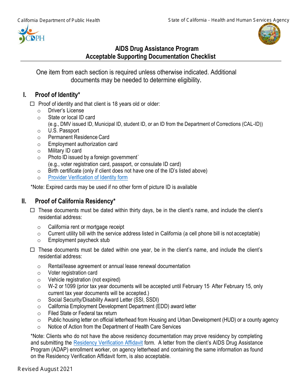 Acceptable Supporting Documentation Checklist - AIDS Drug Assistance Program - California, Page 1