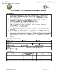 Document preview: Form CDPH8002 Environmental Health Specialist Registration - California