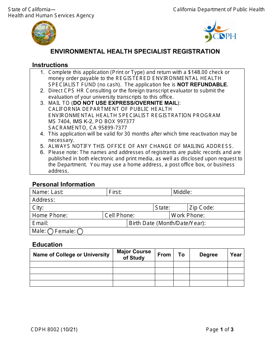 Form CDPH8002 Environmental Health Specialist Registration - California, Page 1
