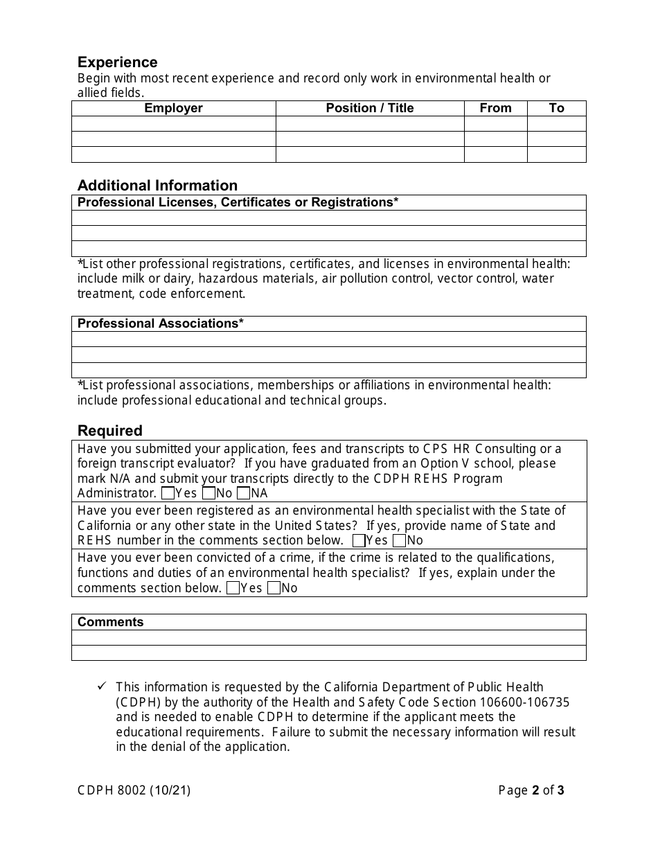 Form CDPH8002 Environmental Health Specialist Registration - California, Page 2