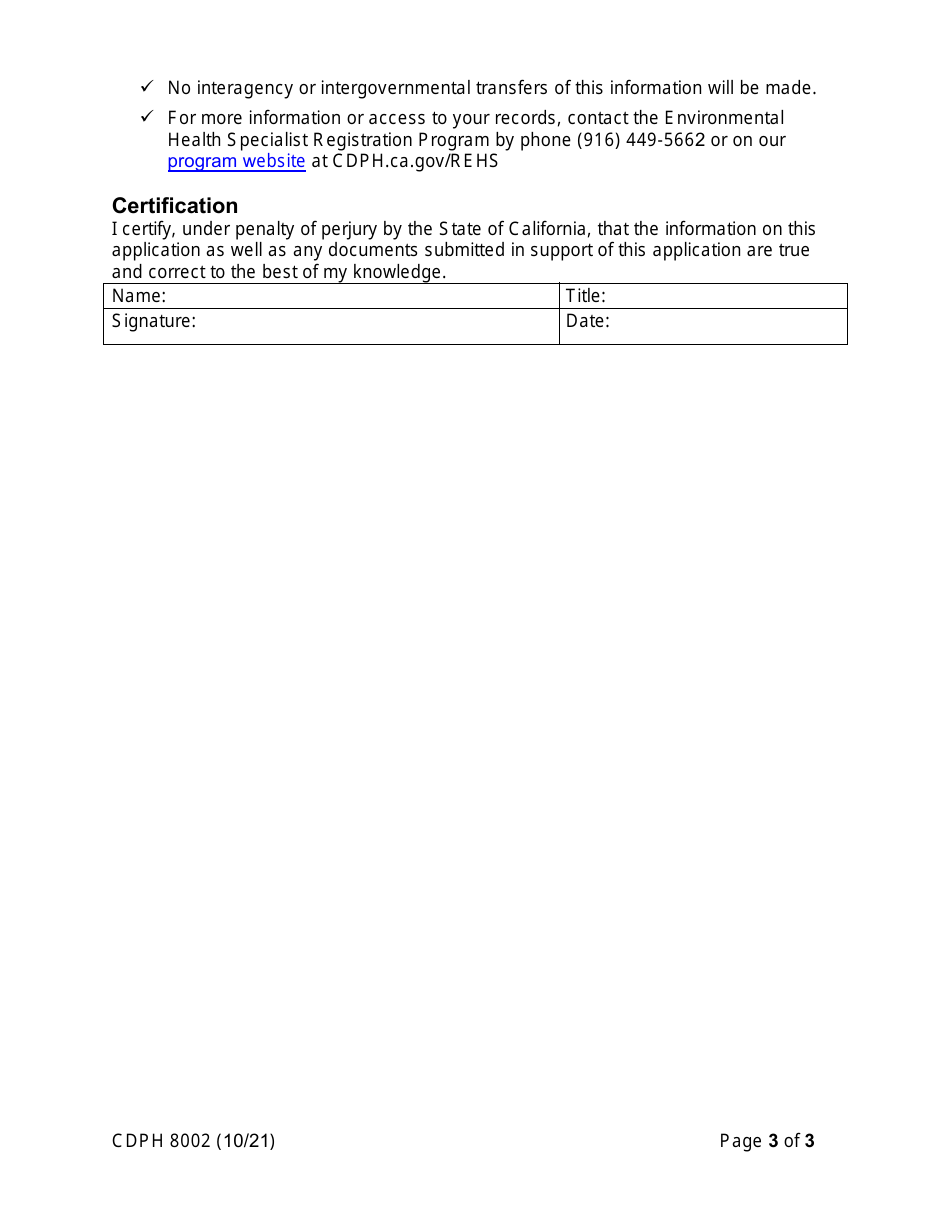 Form CDPH8002 Environmental Health Specialist Registration - California, Page 3