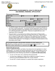 Document preview: Form CDPH8003 Registered Environmental Health Specialist Biennial Renewal Application - California, 2022