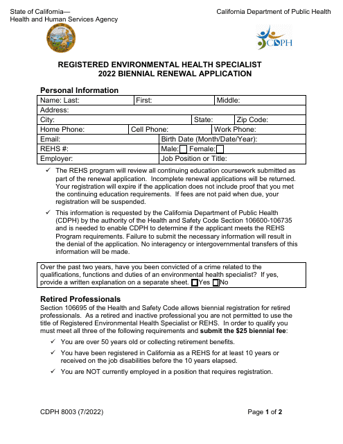 Form CDPH8003 Registered Environmental Health Specialist Biennial Renewal Application - California, 2022