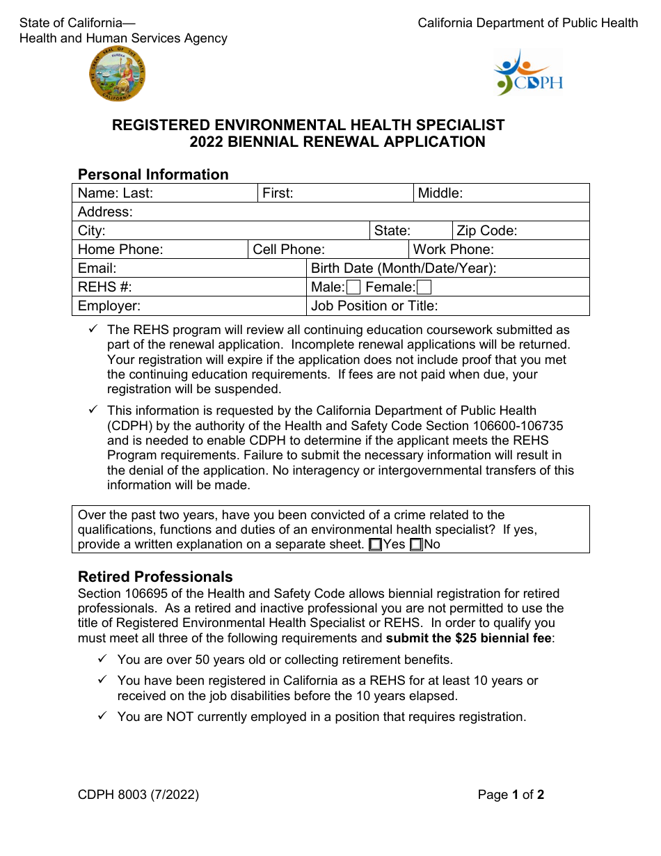 Form CDPH8003 Registered Environmental Health Specialist Biennial Renewal Application - California, Page 1