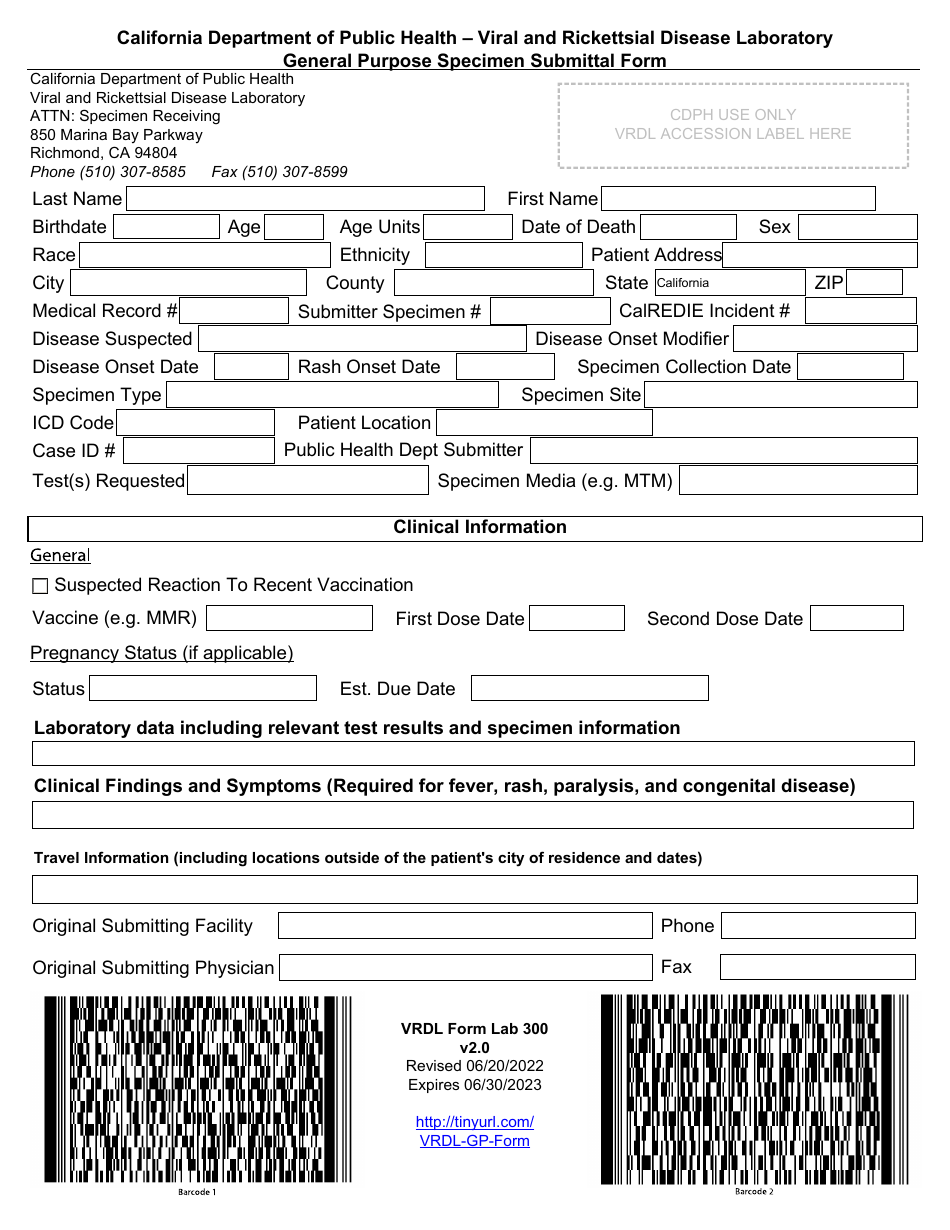 VRDL Form LAB300 General Purpose Specimen Submittal Form - California, Page 1