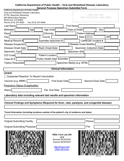 VRDL Form LAB300  Printable Pdf