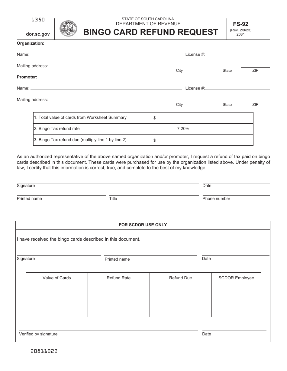 Form FS-92 Bingo Card Refund Request - South Carolina, Page 1