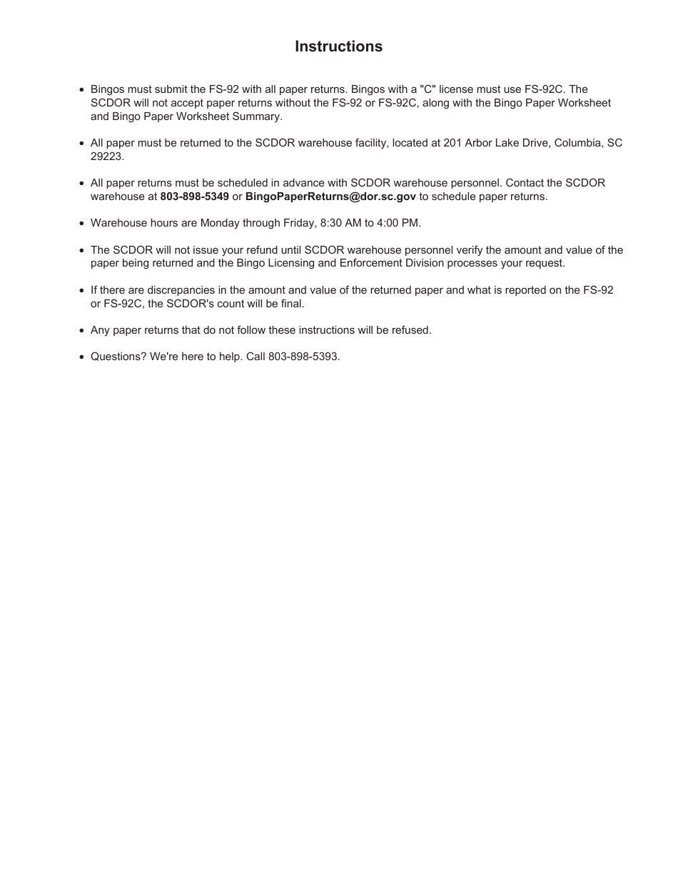 Form FS-92 Bingo Card Refund Request - South Carolina, Page 4