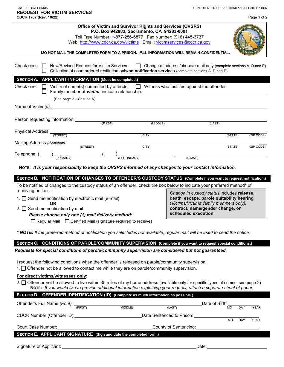 Form CDCR1707 Request for Victim Services - California, Page 1