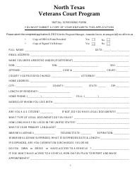 Document preview: Initial Screening Form - North Texas Veterans Court Program - Collin County, Texas