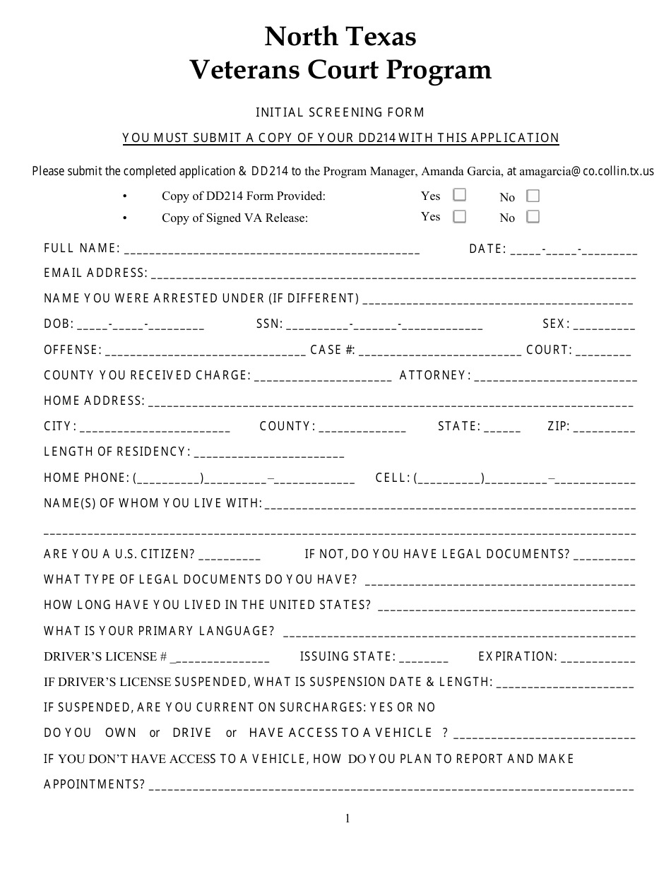 Initial Screening Form - North Texas Veterans Court Program - Collin County, Texas, Page 1