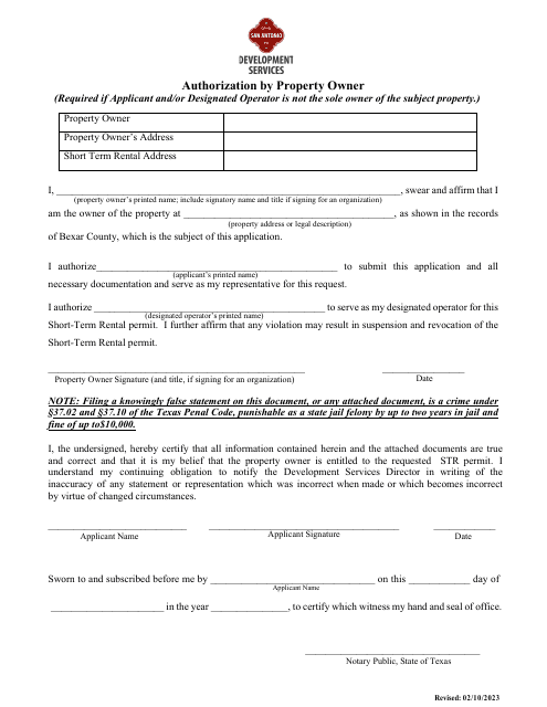 Authorization by Property Owner - City of San Antonio, Texas Download Pdf