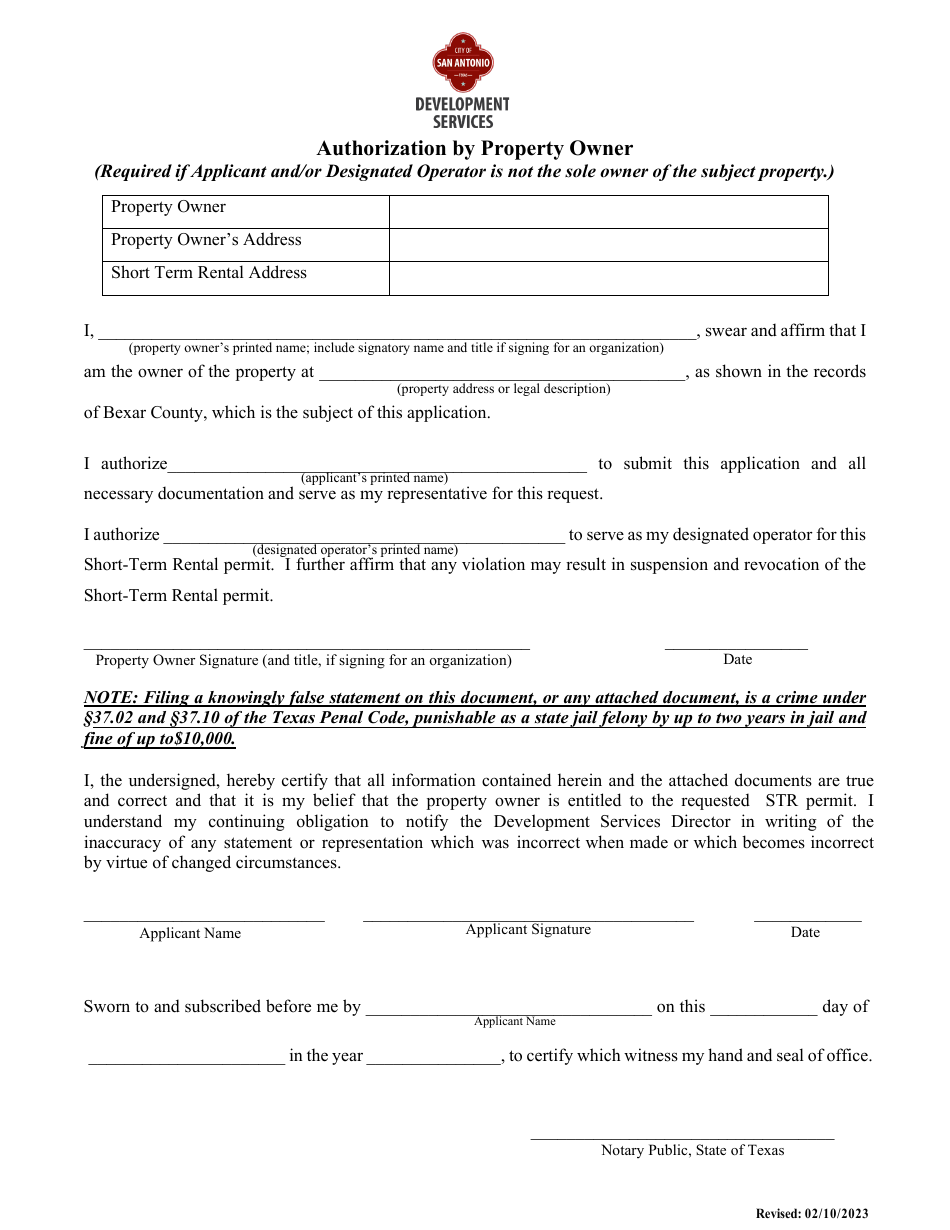 Authorization by Property Owner - City of San Antonio, Texas, Page 1