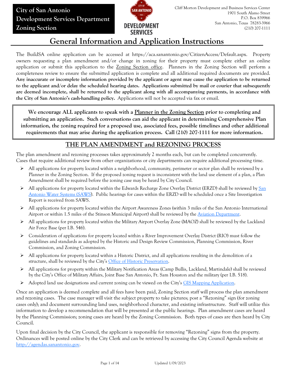 City of San Antonio, Texas Application for Change of Zoning/Plan