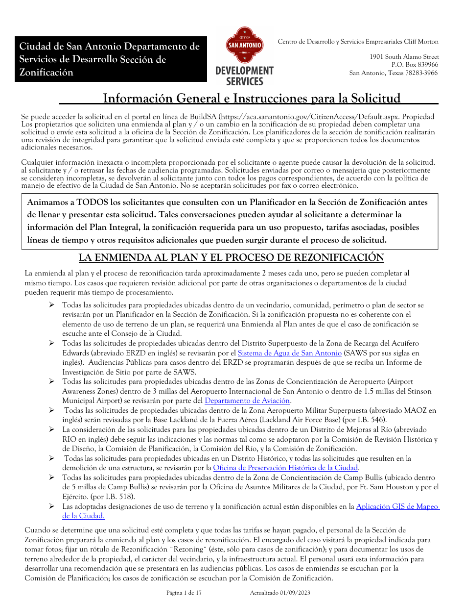 Solicitud Para Cambio De Zonificacion / Enmienda De Plan - City of San Antonio, Texas (Spanish), Page 1