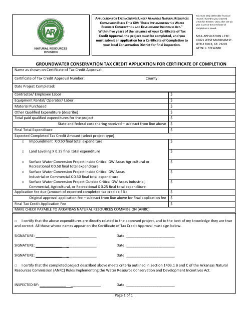 Groundwater Conservation Tax Credit Application for Certificate of Completion - Arkansas Download Pdf
