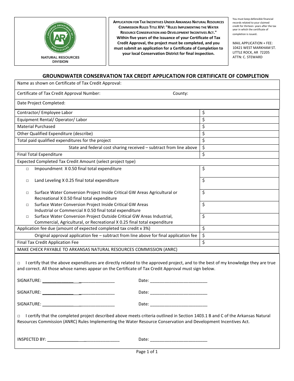 Groundwater Conservation Tax Credit Application for Certificate of Completion - Arkansas, Page 1